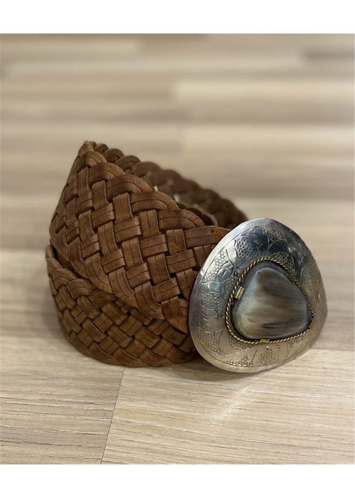 Plaited Marrakesh leather belt in brown, front view