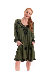 KHAKI Rayon Voile dress with embroidery and beading - KHAKI