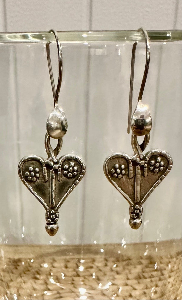 Antique Silver Heart Drop Earrings, front view
