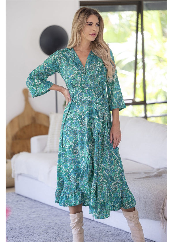 Beatrix Long Sleeve Wrap Dress
This dress has 3/4 Sleeves.
A lovely frill on the side, this dress is one of our best sellers!
Made in India
Silk Blend Fabric
30% Poly
70% Silk