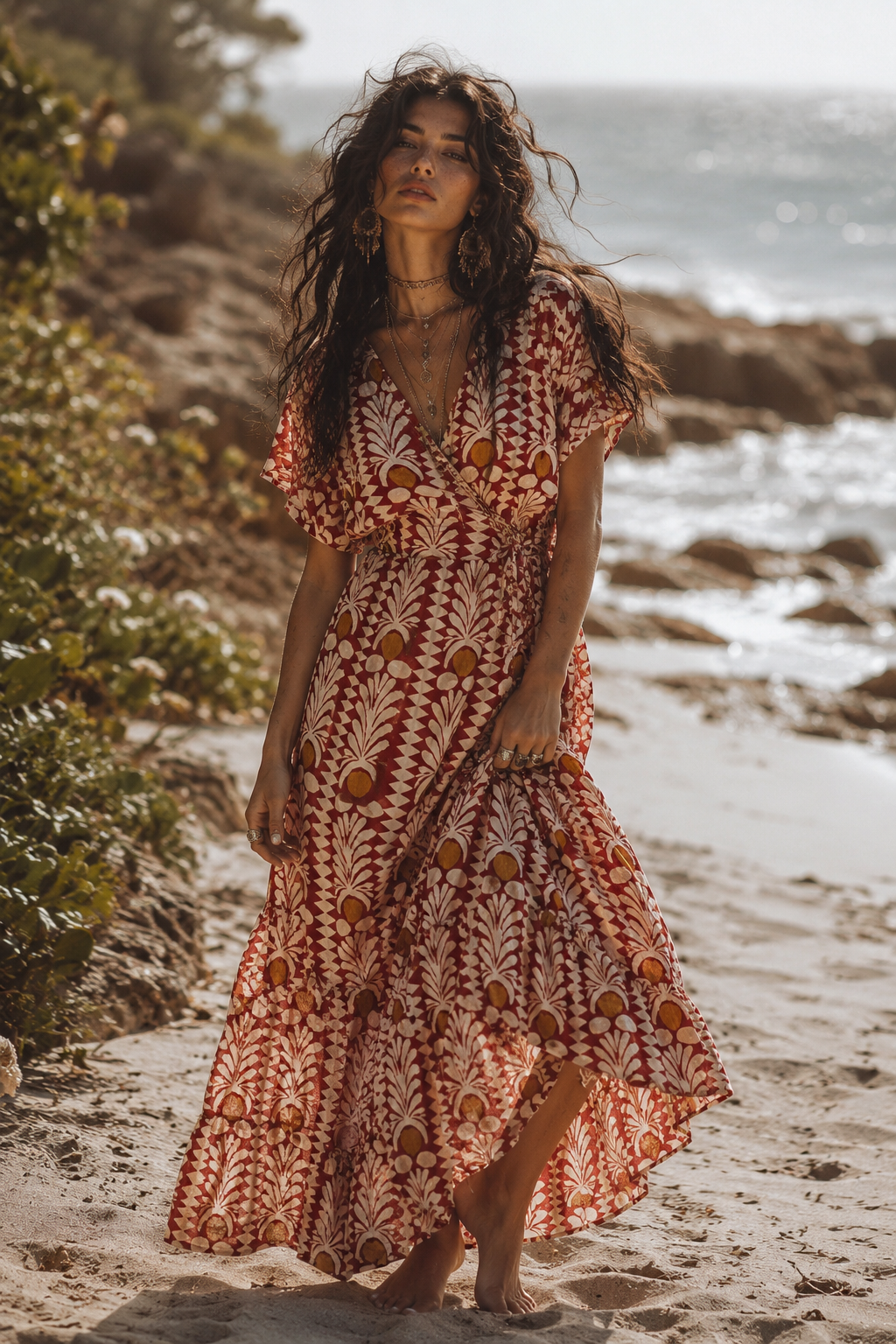 Coral Cotton Frill Wrap Dress S