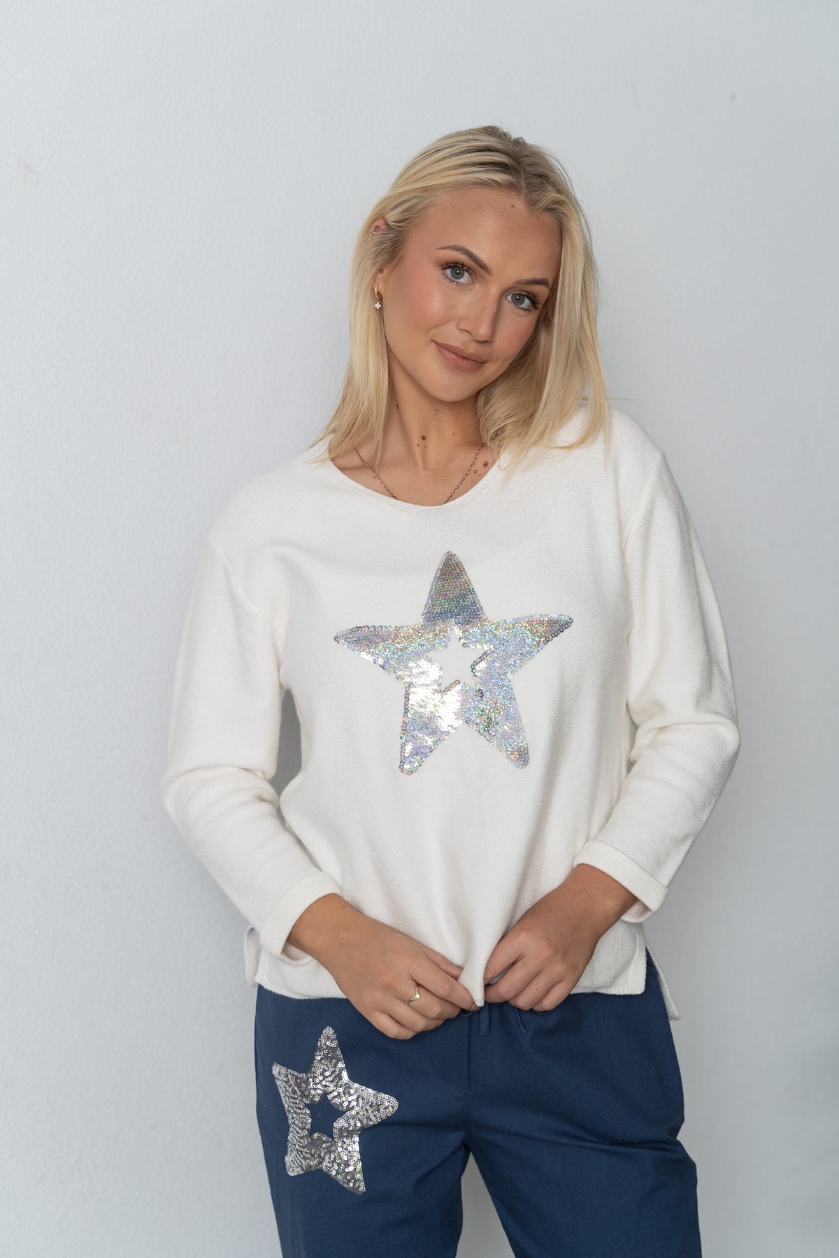 Sequins Star Jumper - Navy and White