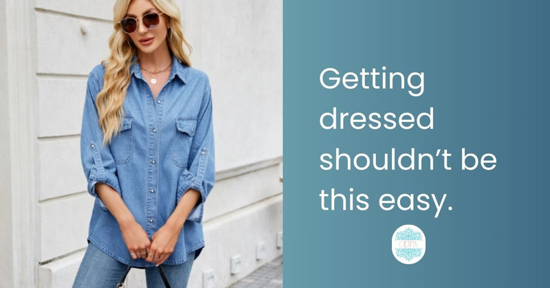 100% cotton denim shirt styled casually with rolled sleeves — easy winter layering outfit