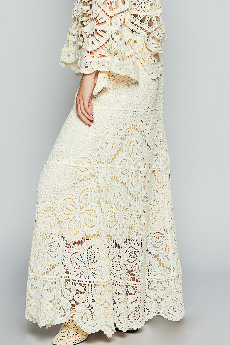 Lace Skirt SMC58 – roomy 100% cotton crochet skirt, detail view of mixed knit patterns – Cienna Designs
