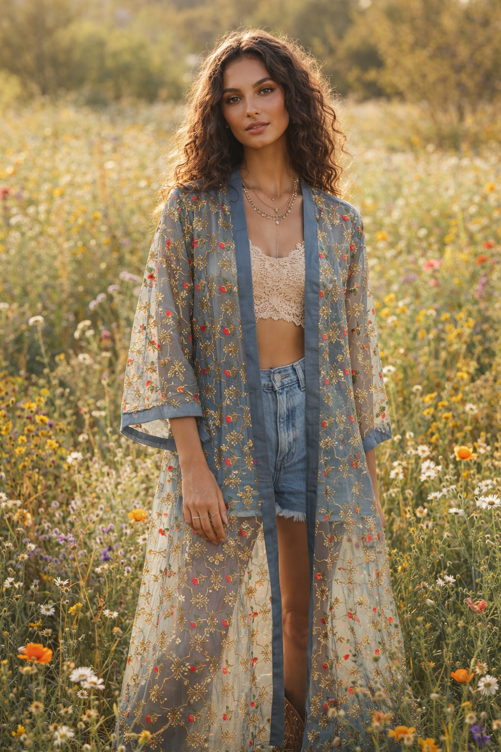 Flamingo Jacket - Poppy Flower - Dusty Blue