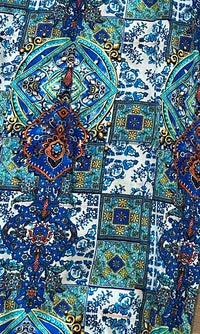 Tile Pants, close view of the blue tile print at the front