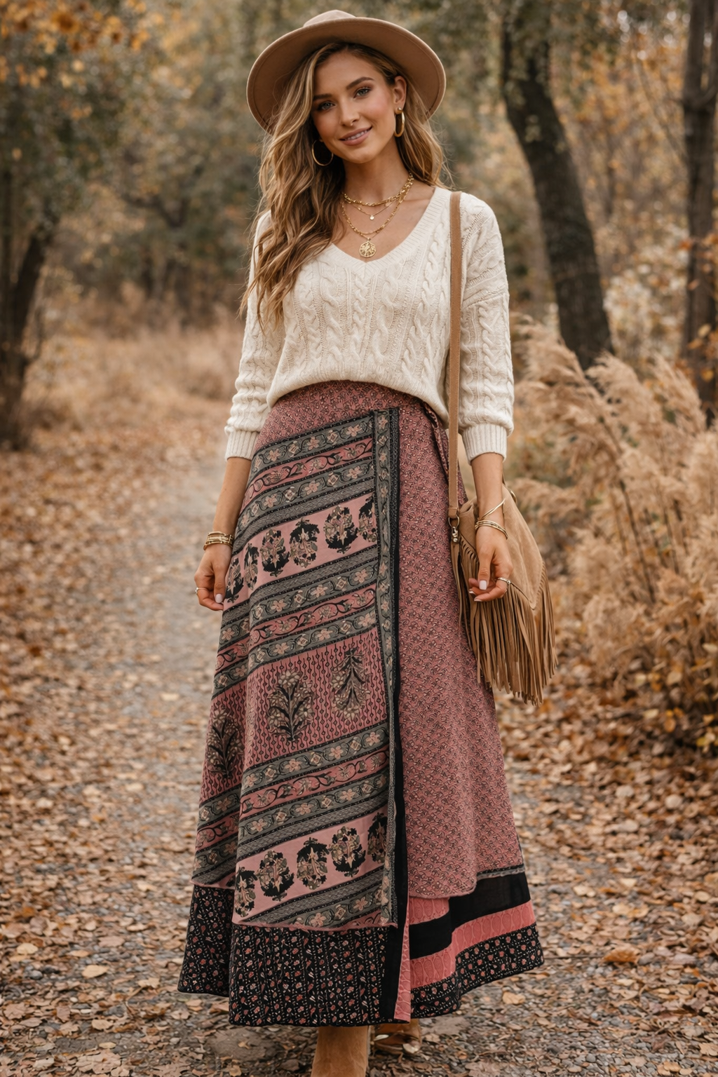 Sari Fabric Wrap Skirt - Dusty Pink in silk blend, front view