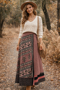 Sari Fabric Wrap Skirt - Dusty Pink in silk blend, front view