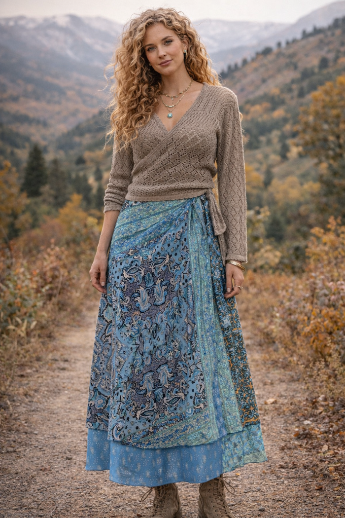 Sari Fabric Wrap Skirt - Blue