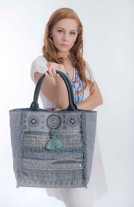 Leather Handle Large Denim Bag