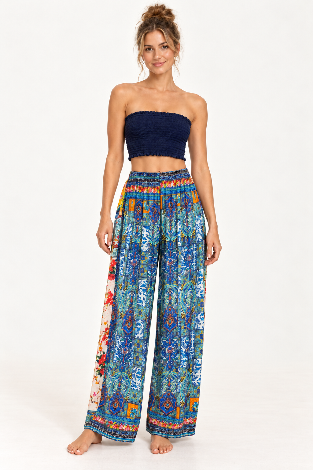 Tile Pants in blue tile print viscose rayon, front view styled with a navy top