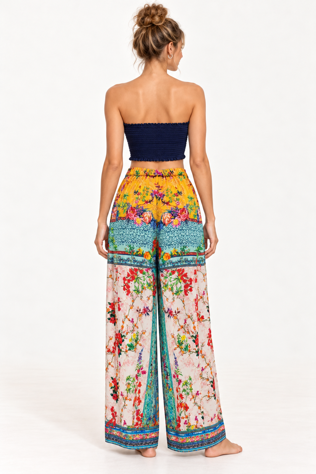Tile Pants in blue tile print viscose rayon, back view