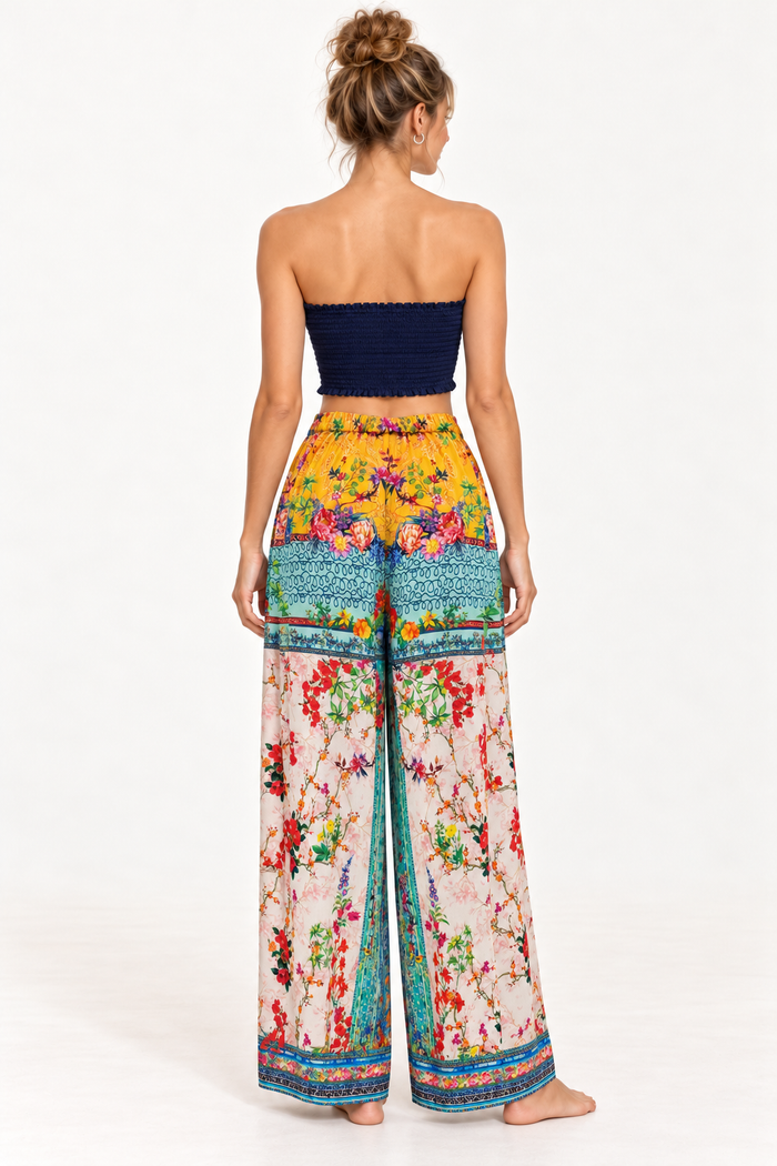 Tile Pants in blue tile print viscose rayon, back view