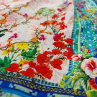 Tile Pants, close view of the coral blossom print