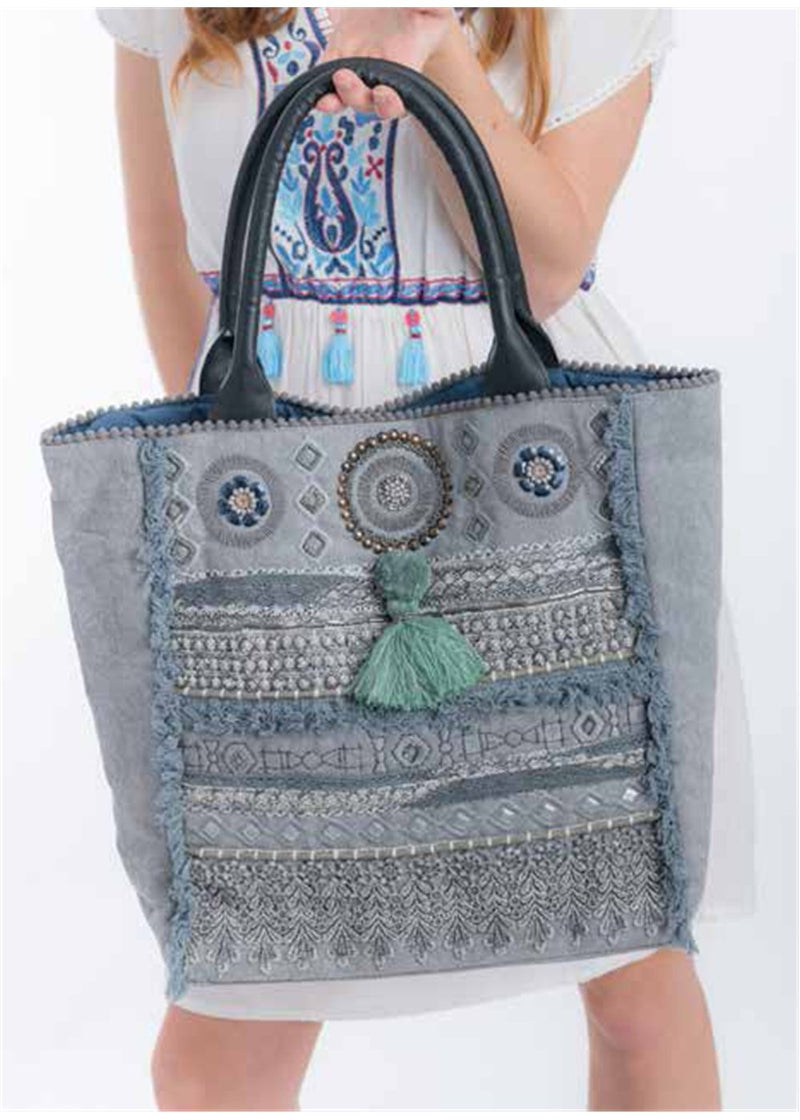 Blue AJ24 - Blue embroidered bucket bag