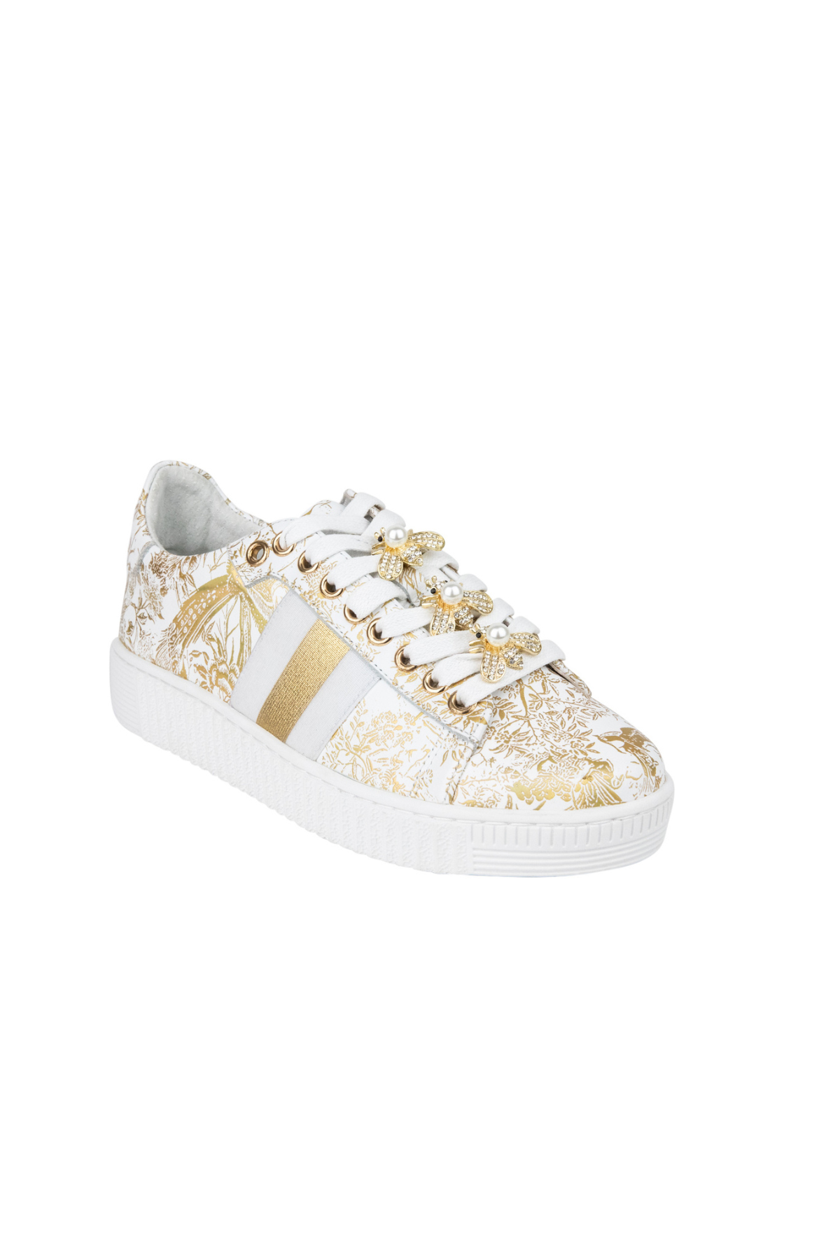 Bee Shoe in white and gold with flower detail, front view