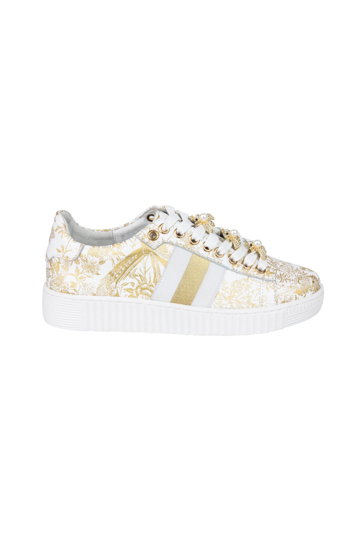 Bee Shoe in white and gold with flower detail, view 2