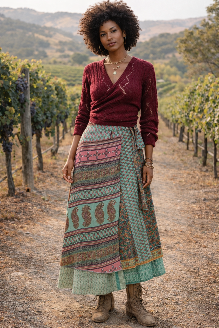 Sari Fabric Wrap Skirt - Watermelon