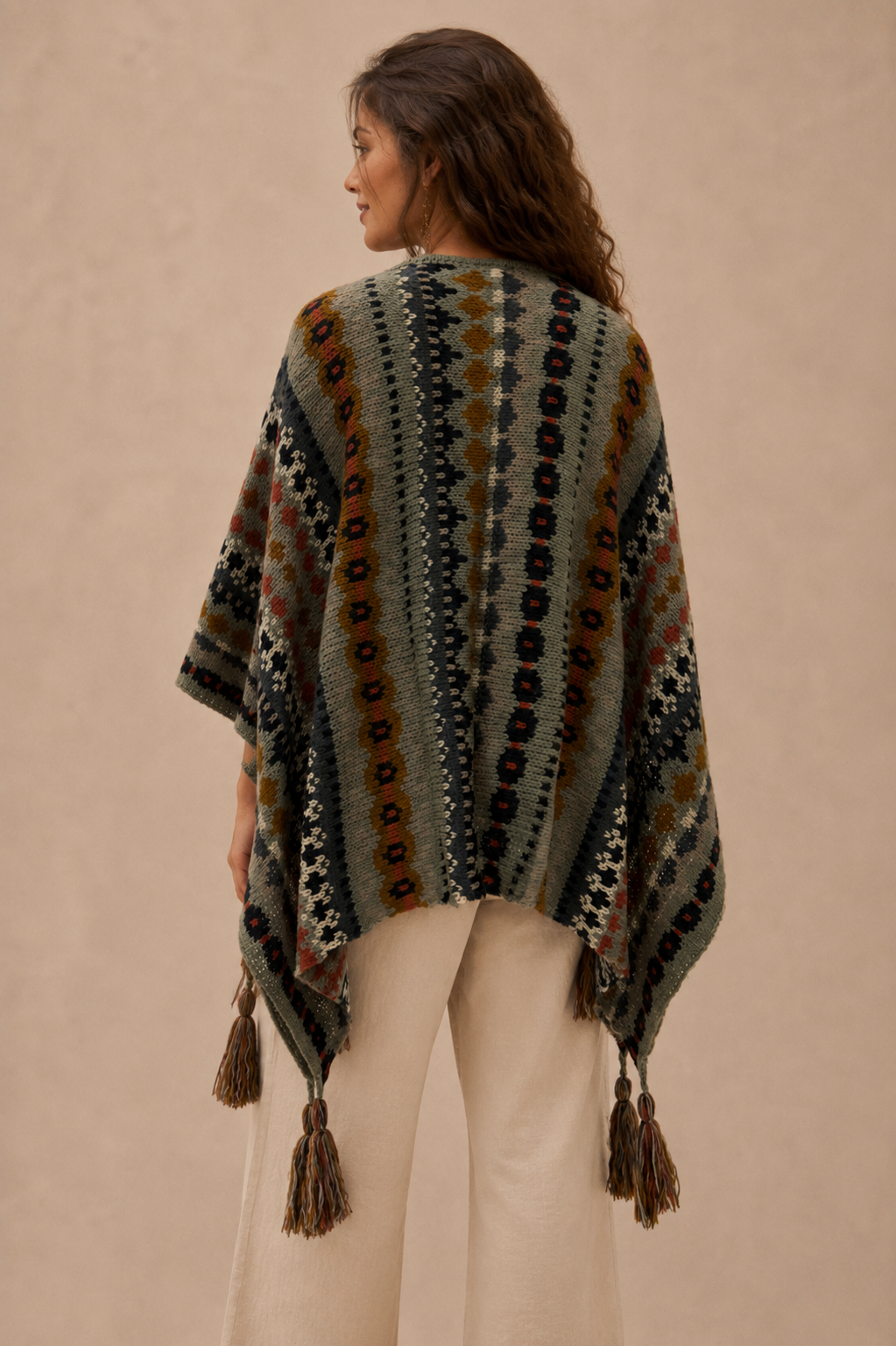 Nordic Grey Wrap worn as a shawl, back view showing the full fair isle motif and tassel fringe hem