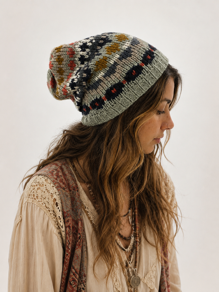 Nordic Grey Beanie in sage grey-green fair isle knit, front styled view showing classic multi-colour motif - Cienna Designs
