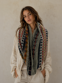 Nordic Grey Snood looped as an oversized cowl around the neck, showing the full fair isle motif