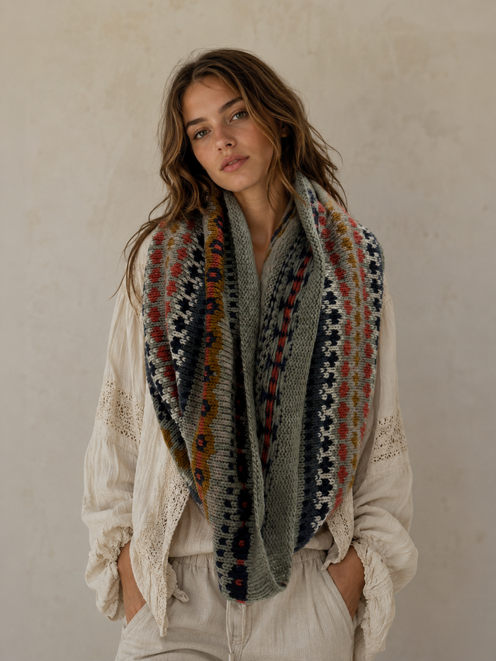 Nordic Grey Snood looped as an oversized cowl around the neck, showing the full fair isle motif