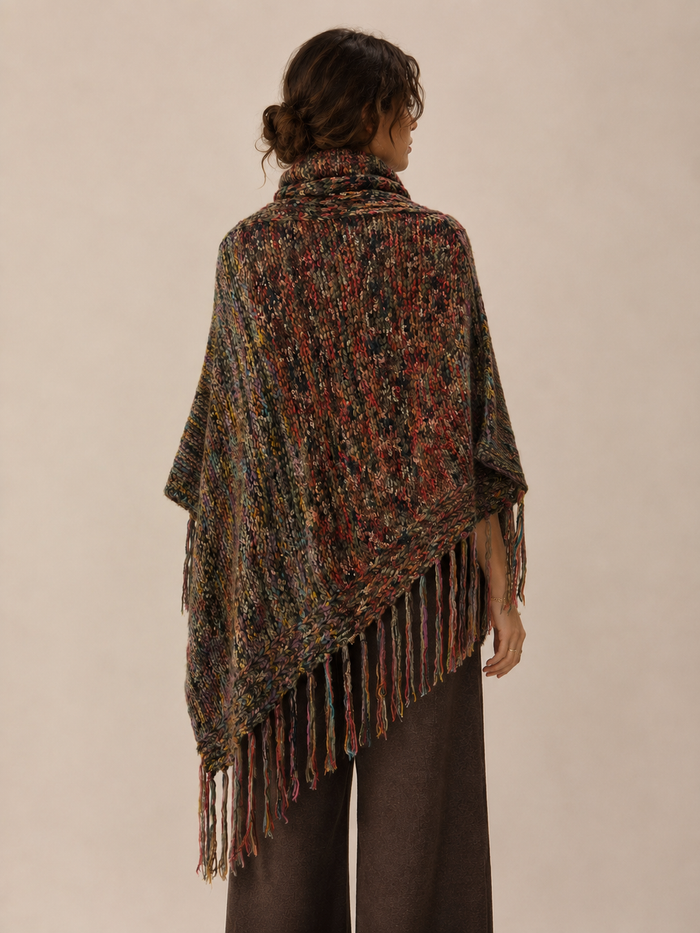 Rosa Turtleneck Poncho – handcrafted knit poncho with fringed tassels, back view – Cienna Designs