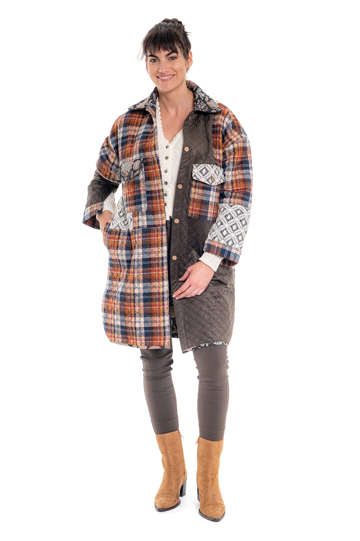 CJ Coat Quilted Patchwork | Choc CD-157 (agent samples - Size S/M)
