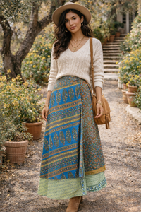 Sari Fabric Wrap Skirt - Cyan