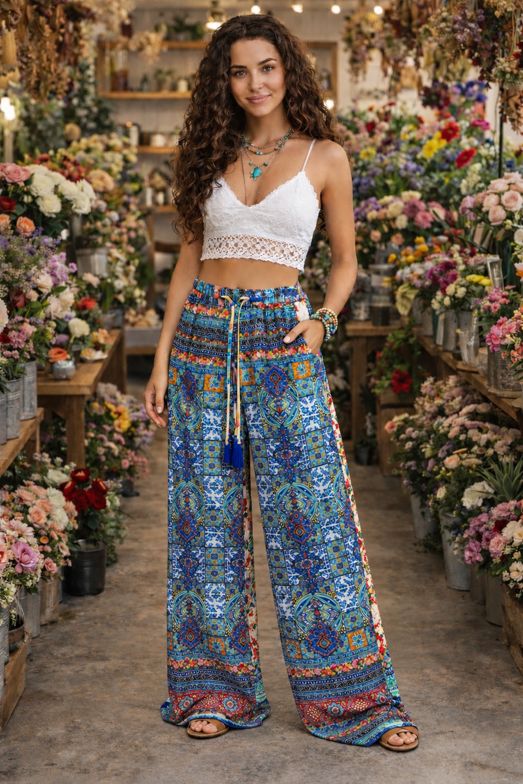 Tile Pants in blue tile print viscose rayon, front view