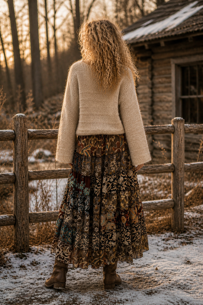 Stevie Skirt Chocolate – silk-blend patchwork tiered skirt in chocolate, back view – Cienna Designs