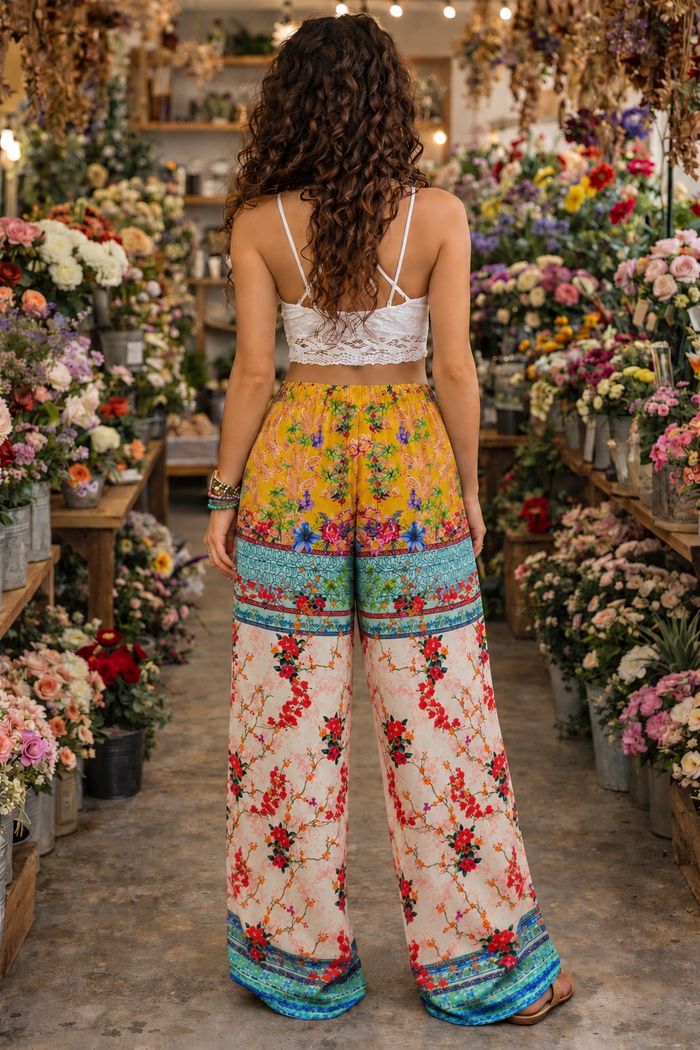 Tile Pants in viscose rayon, back view showing the coral blossom print