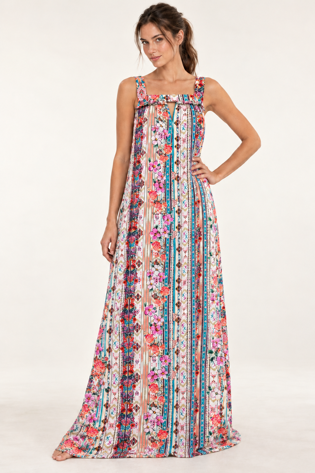 Garden Tapestry Maxi Dress in coral and teal floral viscose rayon, front view