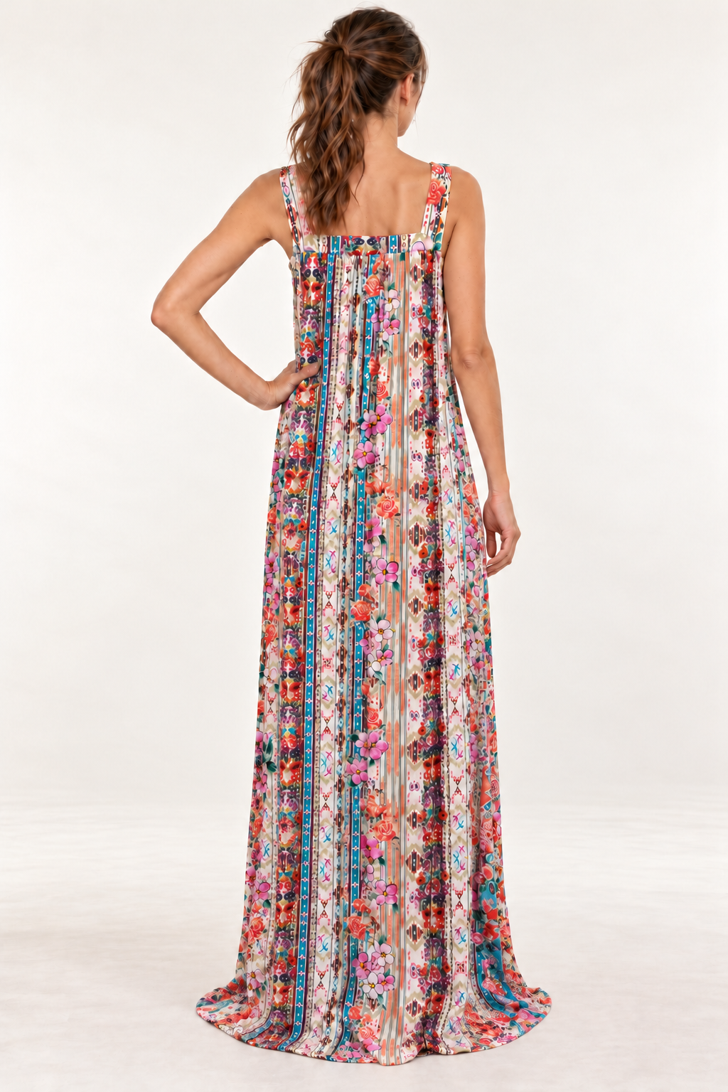 Garden Tapestry Maxi Dress in coral and teal floral viscose rayon, back view