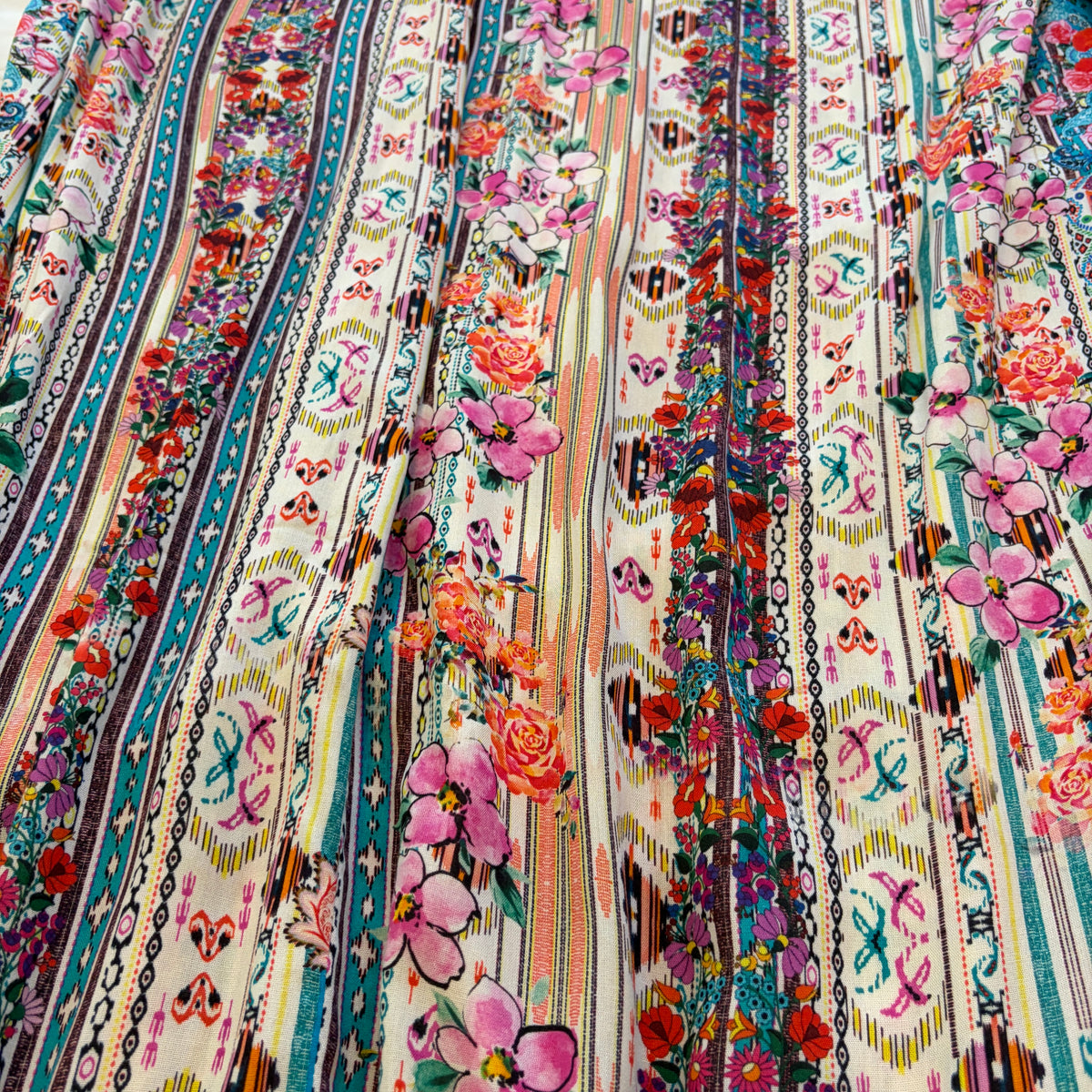 Garden Tapestry Maxi Dress, close view of the floral and ikat stripe print