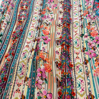 Garden Tapestry Maxi Dress, close view of the floral and ikat stripe print
