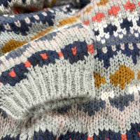 Close-up of Nordic Grey Cardigan showing multi-colour fair isle knit texture in navy, mustard, rust, coral and blush - Cienna Designs
