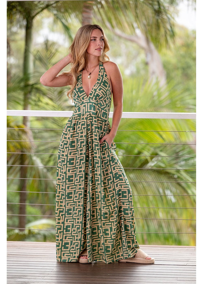 Geo Halter Jumpsuit - Green