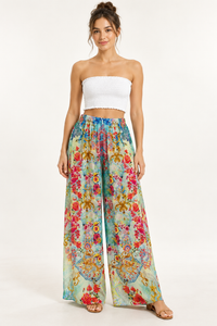 Jardin Palazzo Pants in mint floral print viscose rayon, front view