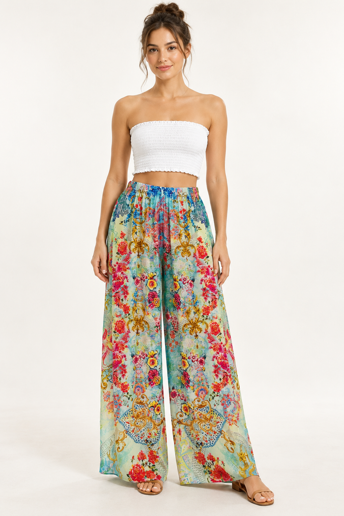 Jardin Palazzo Pants in mint floral print viscose rayon, front view