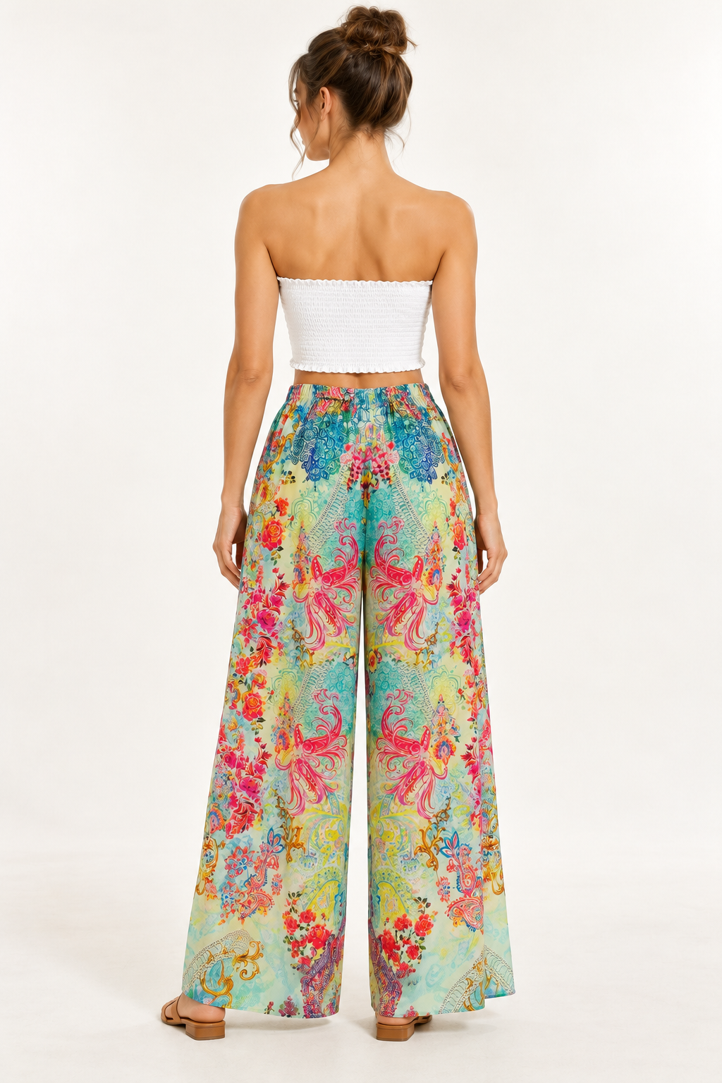 Jardin Palazzo Pants in mint floral print viscose rayon, back view