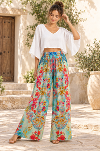 Jardin Palazzo Pants in mint floral print viscose rayon, front view styled with a white top