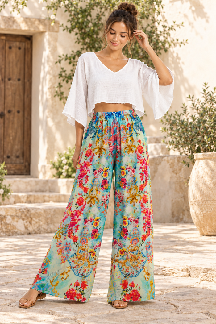 Jardin Palazzo Pants in mint floral print viscose rayon, front view styled with a white top