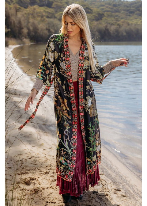 Phoenix Night Belted Duster in silk viscose, front view