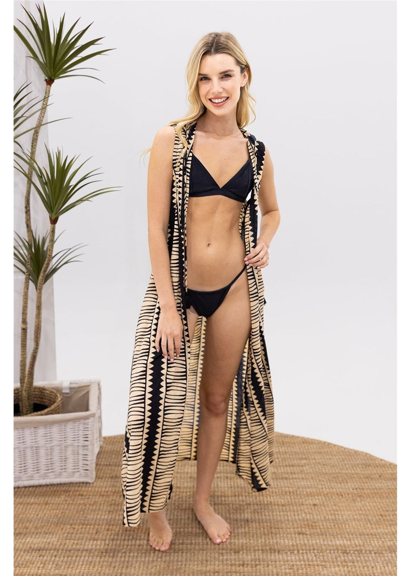Hemi Cotton Hooded Sleeveless Kimono - Black