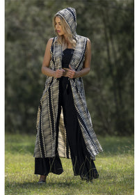 Hemi Cotton Hooded Sleeveless Kimono - Black