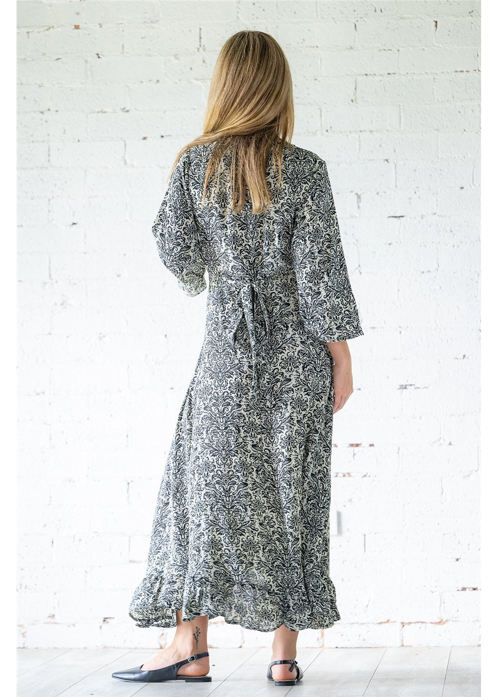 Damask Long Sleeves Wrap Dress