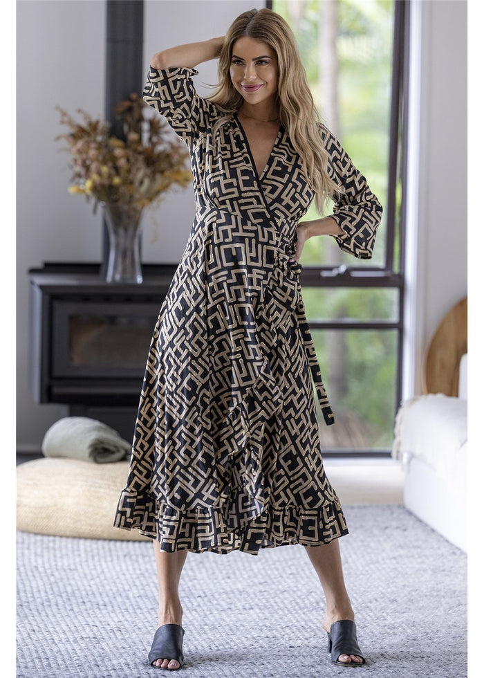 Geo Long Sleeve Wrap Dress