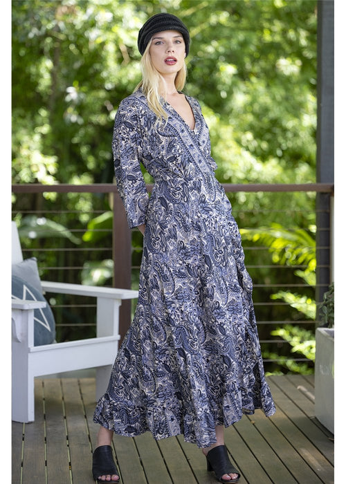 Maryka Long Sleeve Wrap Dress in silk blend, front view