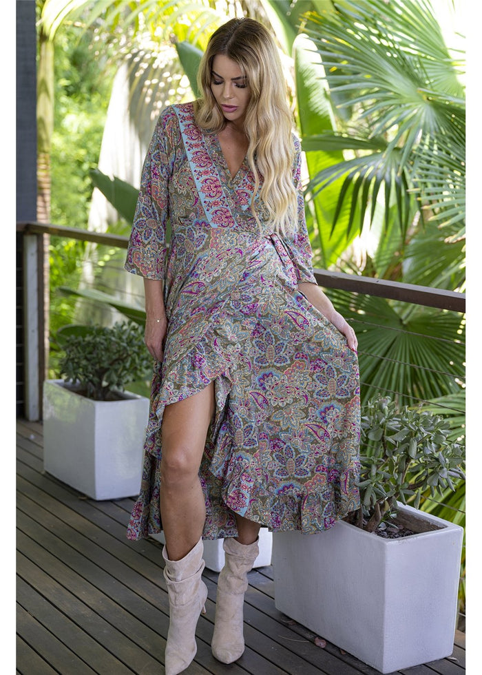 Olive Long Sleeve Wrap Dress